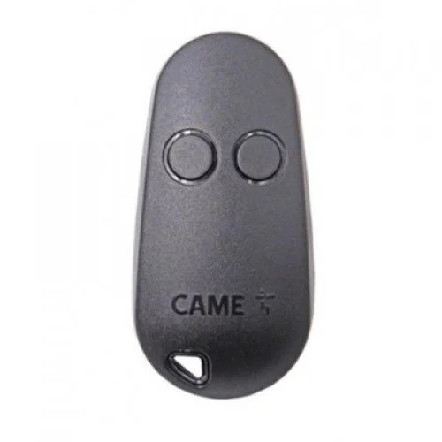 CAME TOP42FGN two-button fixed-code gate remote control transmitter in black with CAME logo and keyring loop