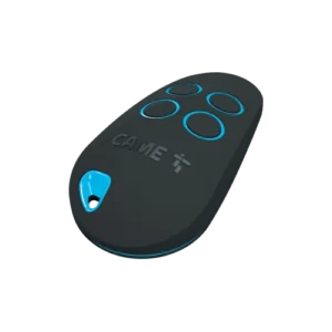 CAME TOP44RBN four-button rolling code gate remote control transmitter in black with blue accent highlights````