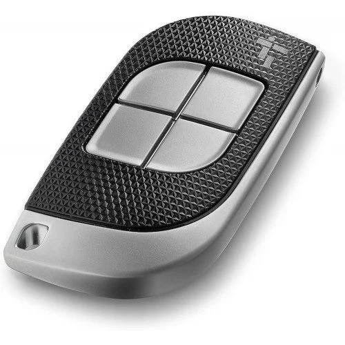 CAME TTSD4RKS four-button dual-frequency rolling code gate remote in silver and black textured body design