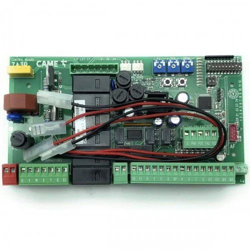 CAME ZA3P 230V swing gate control board with relays, wiring leads, terminals and adjustment trimmers