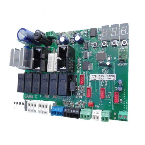 CAME ZL65 24V swing gate control board with display, relays, heat sinks and terminal connectors