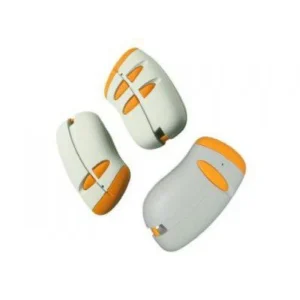 CDVI Erone TX26-E2 two-button rolling code gate remote control transmitter in white and orange shown from three angles