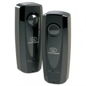 Pair of black Centurion Photon Smart wireless photocell sensors for automatic gate and garage door safety detection.