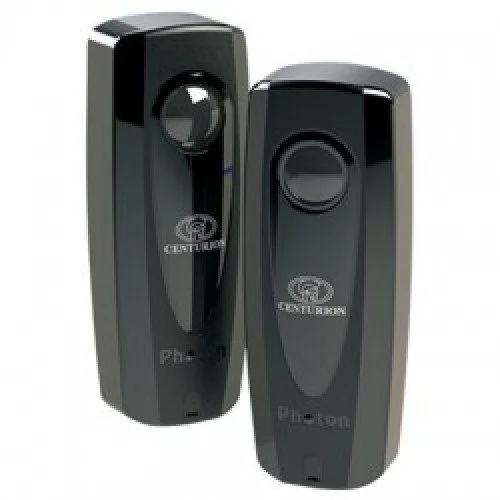 Pair of black Centurion Photon Smart wireless photocell sensors for automatic gate and garage door safety detection.