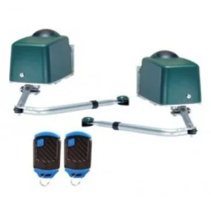 Centurion R6 swing gate motor kit with rotary operators, arms and remote controls shown