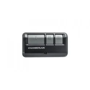 Chamberlain 953EV-P2 three-button visor garage door remote control transmitter in dark grey with branded label