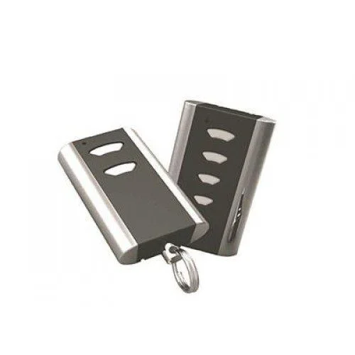 Crawford 4-channel gate and garage door remote control transmitters shown in 2-button and 4-button versions, silver and grey body