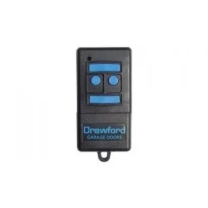 Crawford T433-4 four-button rolling code garage door remote control transmitter in black with blue buttons and Crawford logo