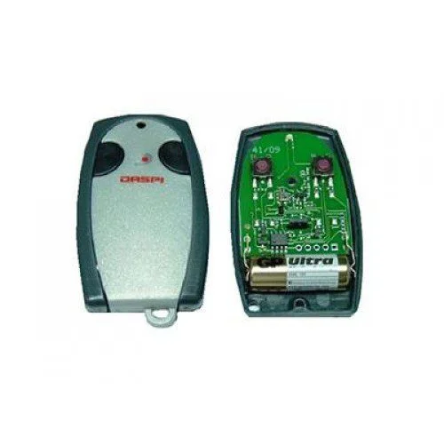 DASPI HAPPY 2 two-button fixed code gate remote control shown front and back revealing PCB and battery compartment