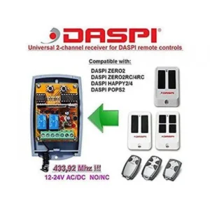 DASPI universal 2-channel receiver shown with compatible DASPI ZERO2 HAPPY and POPS remote control transmitters at 433.92 MHz