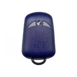 DEA Genie 273 two-button rolling code gate remote control transmitter in blue with grey wing-shaped button and DEA logo