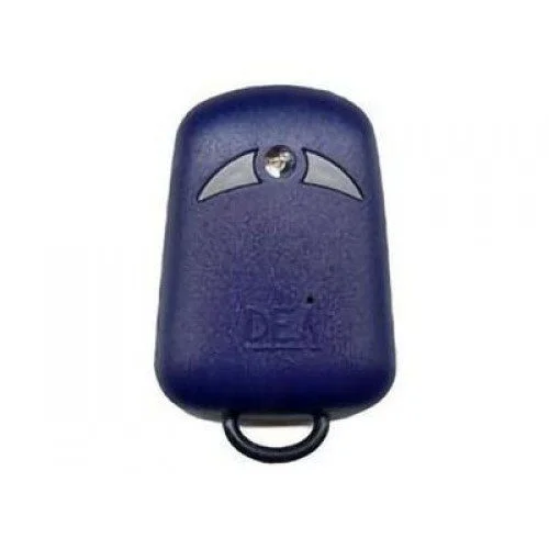 DEA Genie 273 two-button rolling code gate remote control transmitter in blue with grey wing-shaped button and DEA logo