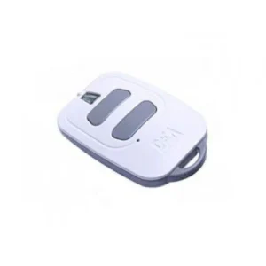 DEA GT2 two-button gate and barrier remote control transmitter in white with grey buttons and DEA logo, angled view
