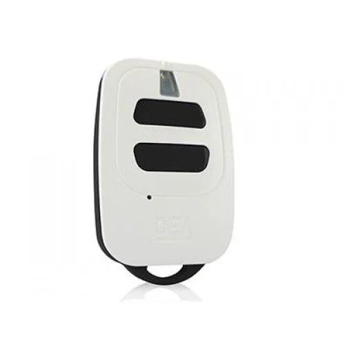 DEA GT2 two-button rolling code gate remote control transmitter in white with black buttons and LED indicator at top