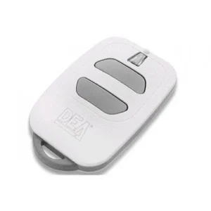 DEA GT2M two-button rolling code gate remote control transmitter in white with grey buttons, LED indicator and DEA logo