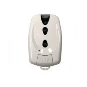 DEA MIO TD2 two-button fixed code gate remote control transmitter in white with black buttons and DEA logo base pad