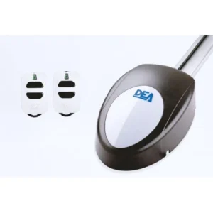 DEA SPACE XL garage door motor with rail and two remote controls on white background