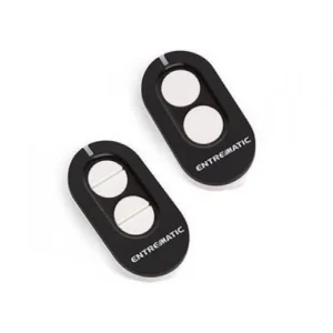 Entrematic Ditec ZEN two-button gate remote control transmitters shown as a pair in black with white oval buttons
