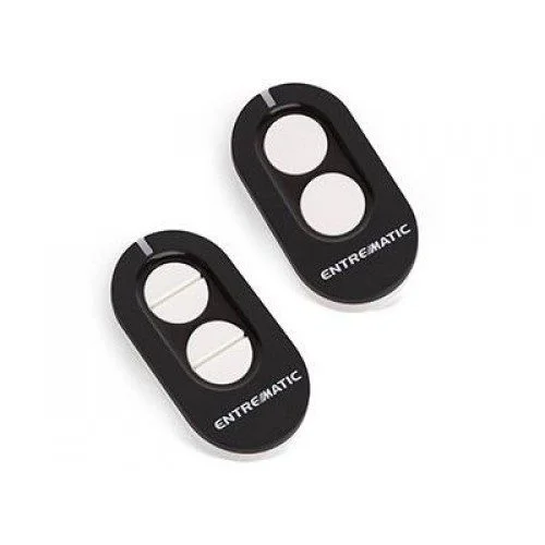 Entrematic Ditec ZEN two-button gate remote control transmitters shown as a pair in black with white oval buttons