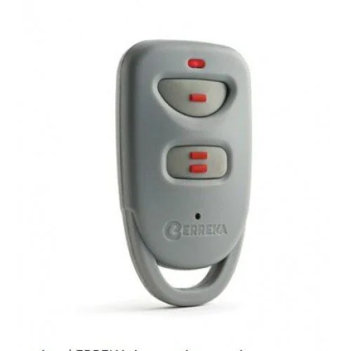 ERREKA LIRA two-button rolling code gate remote control transmitter in grey with red indicator bars and ERREKA logo