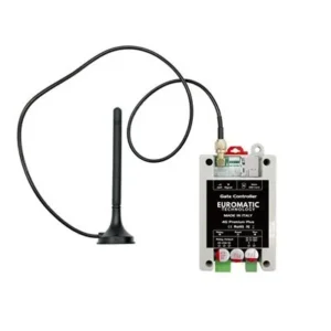 Euromatic 4G GSM gate opener controller with external antenna for phone and SMS access control.