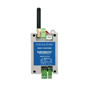 Euromatic WH-120 GSM gate opener controller with antenna, SIM slot, and green relay terminals.