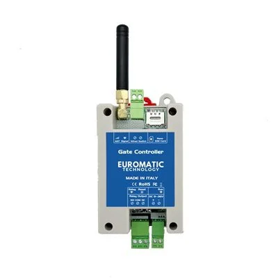 Euromatic WH-120 GSM gate opener controller with antenna, SIM slot, and green relay terminals.