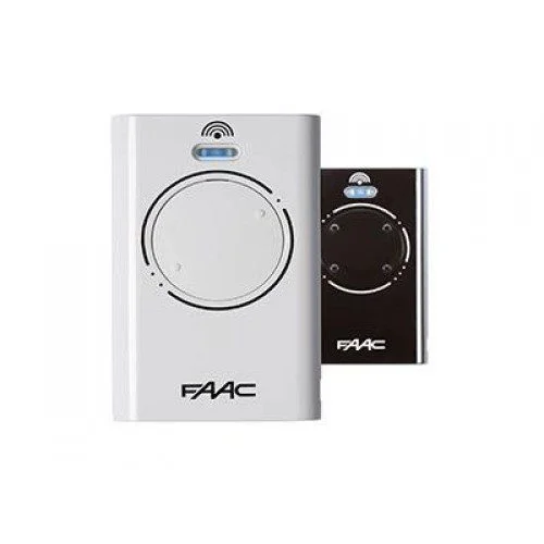 FAAC 868 MHz SLH LR gate remote control transmitters shown in white and black versions with blue LED indicators
