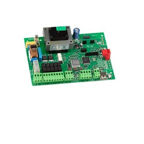 FAAC E045S swing gate control board for one or two 230V operators with terminal connections and display.
