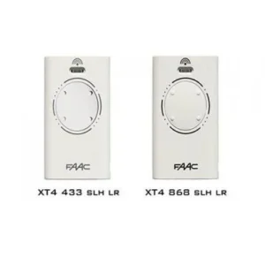 FAAC XT4 SLH LR gate remote controls shown in 433 MHz and 868 MHz versions, both white with circular button panel