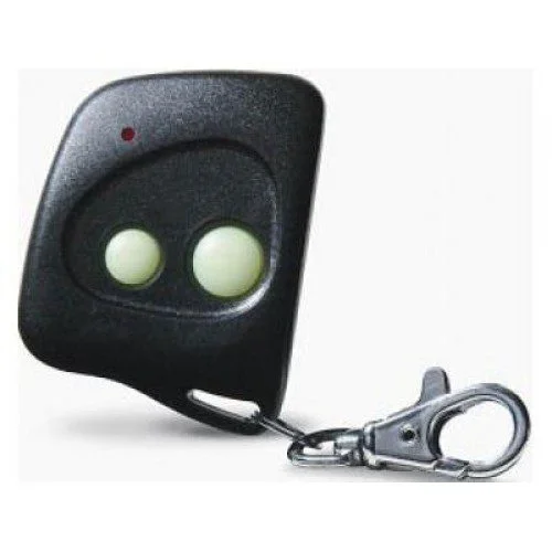 Firefly 310 MHz two-button dip switch gate remote control keychain transmitter in black with yellow-green buttons and red LED