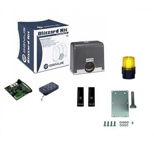 Genius Blizzard 500 sliding gate motor kit with box, remotes and flashing light