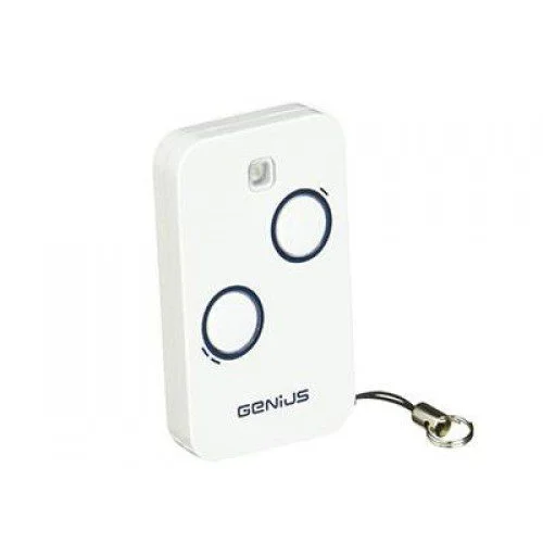 Genius KILO TX2 two-button rolling code gate remote control transmitter in white with blue ring buttons and keyring loop