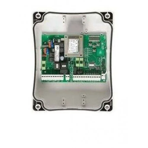 KEY CT102B 230V control board for one sliding gate or overhead door motor, shown inside a clear enclosure.