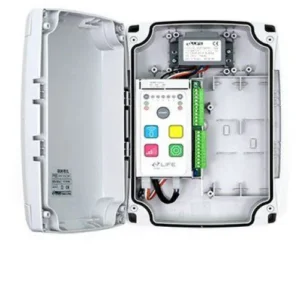 LIFE GEBOX swing gate control board with protective enclosure, terminal connections and control buttons.