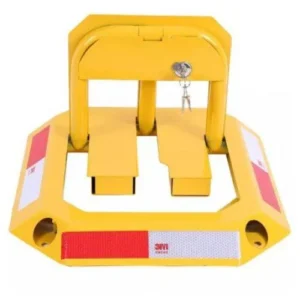 Yellow manual parking ground lock with key lock, reflectors, and mounting holes.