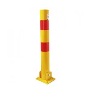 Yellow manual parking lock post with red reflective bands and a bolted base plate.