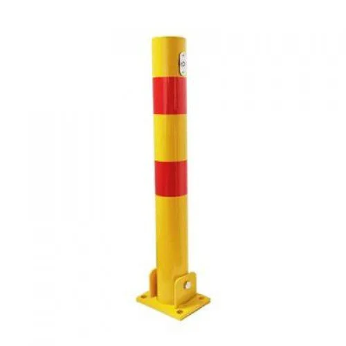 Yellow manual parking lock post with red reflective bands and a bolted base plate.