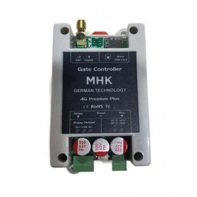 MHK 4G GSM gate opener controller with SIM slot, relay terminals, and antenna connector.