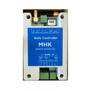 MHK GSM gate opener controller with Nano SIM slot, antenna connector, and relay terminals.
