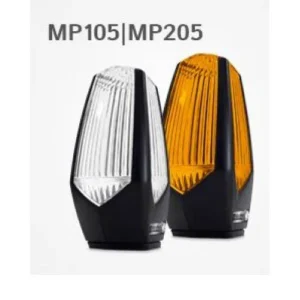Motorline MP105 and MP205 LED gate flashing lights with clear and amber lenses for safety signaling.