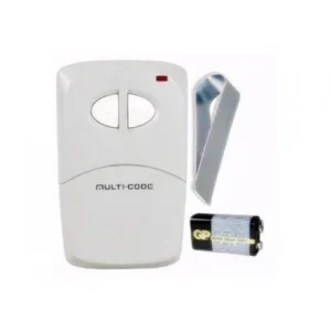 Multi-Code 4120 two-button 300 MHz DIP switch visor gate remote shown with visor clip and 9V battery included