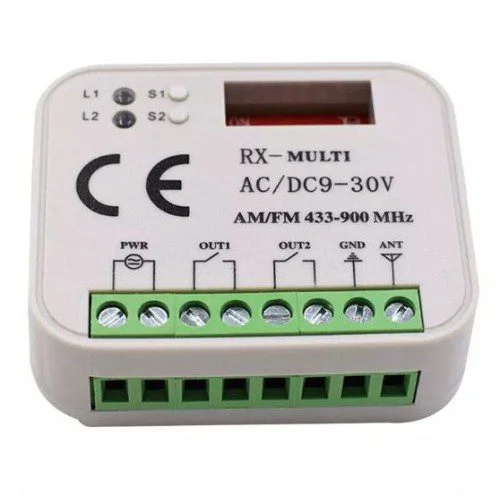 RX-MULTI AC/DC 9–30V receiver with dual outputs and terminal block for gate automation.