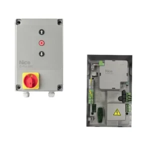 NICE DPRO500 industrial control unit with IP55 enclosure and internal board for gates, doors and shutters.