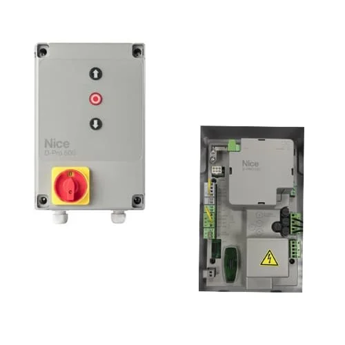 NICE DPRO500 industrial control unit with IP55 enclosure and internal board for gates, doors and shutters.