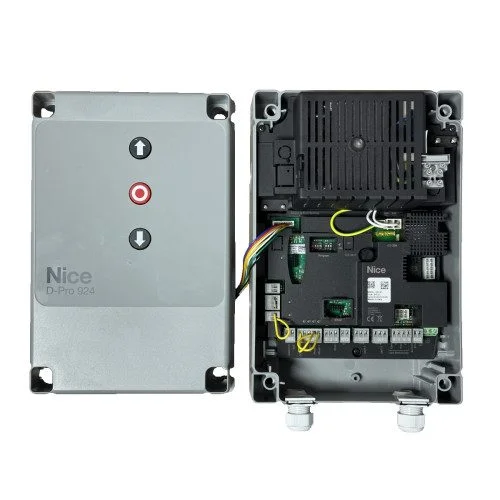 NICE DPRO924 control unit with IP55 enclosure and internal board for automated balanced sectional doors.