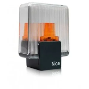 Nice ELAC 230V LED gate flashing light with clear ribbed cover and orange warning beacon.