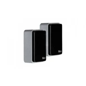 Pair of black and grey Nice EPM infrared photocell sensors for automatic gate and garage door safety detection.