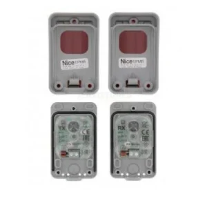 NICE EPM outdoor photocell pair shown closed and open, revealing internal TX and RX boards for automatic gate safety.