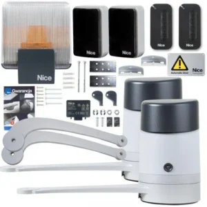 Nice HOPP swing gate opener kit with articulated arms, motors, remotes, sensors and light